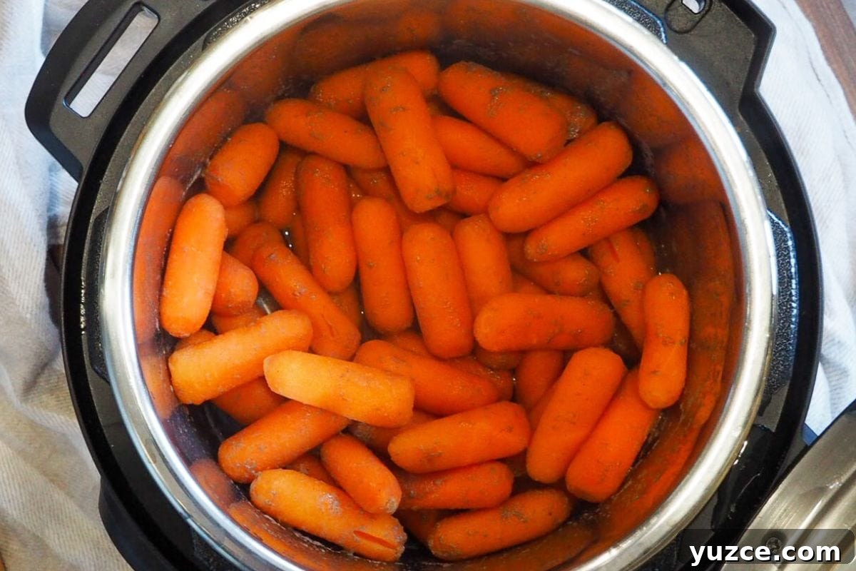 13 Crockpot Thanksgiving Recipes to Save Oven Space 12 A heap of whole carrots inside a stainless steel pressure cooker.