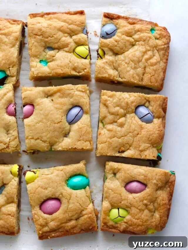 Easter mini egg blondies cut into squares.