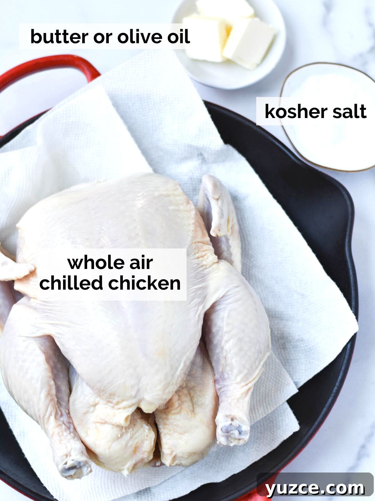 Perfectly Roasted Whole Chicken in a Cast Iron Skillet 4 Roasted chicken ingredients and a cast iron pan.