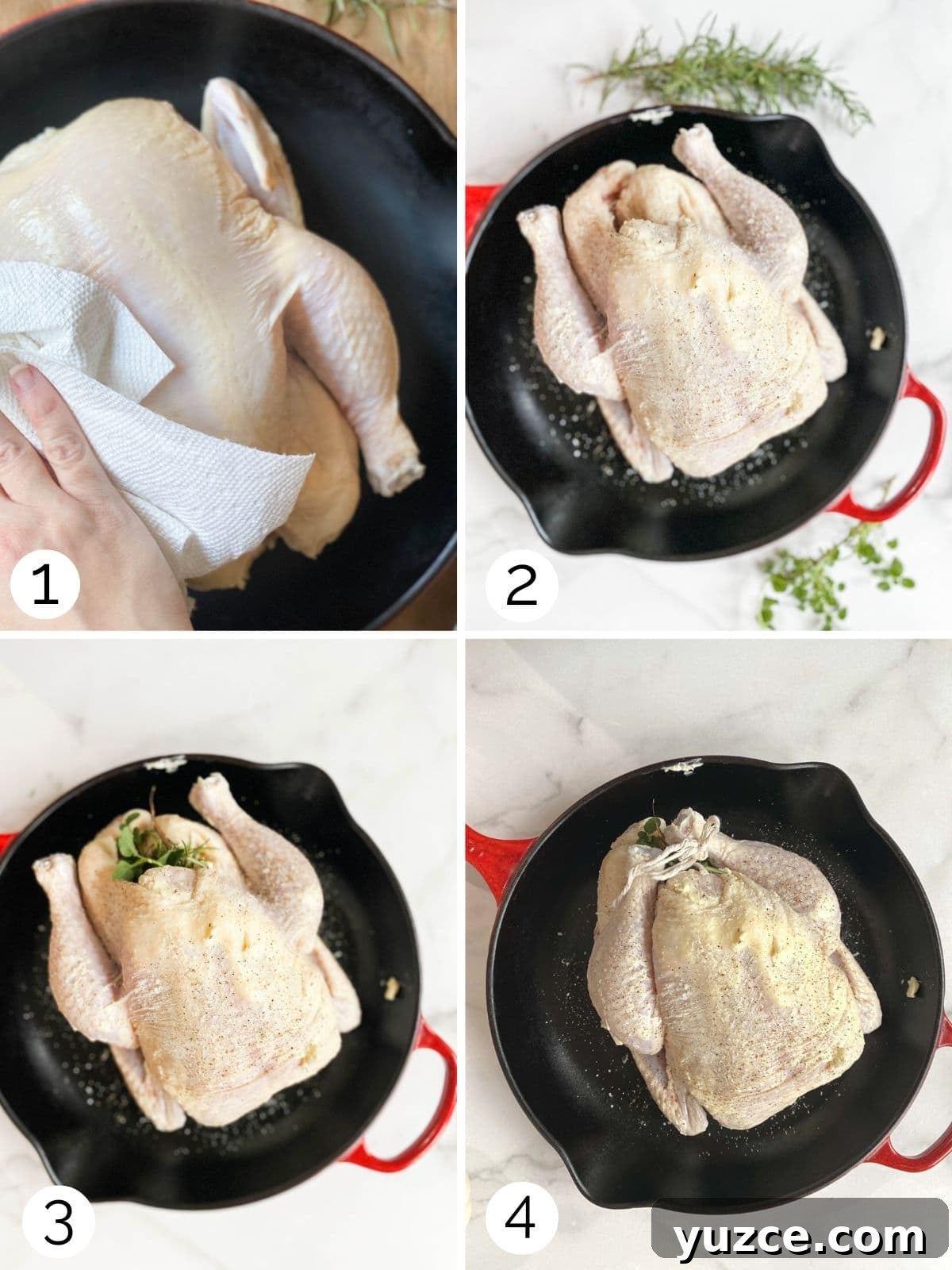 Perfectly Roasted Whole Chicken in a Cast Iron Skillet 5 The steps to prep a whole roast chicken in a cast iron pan.