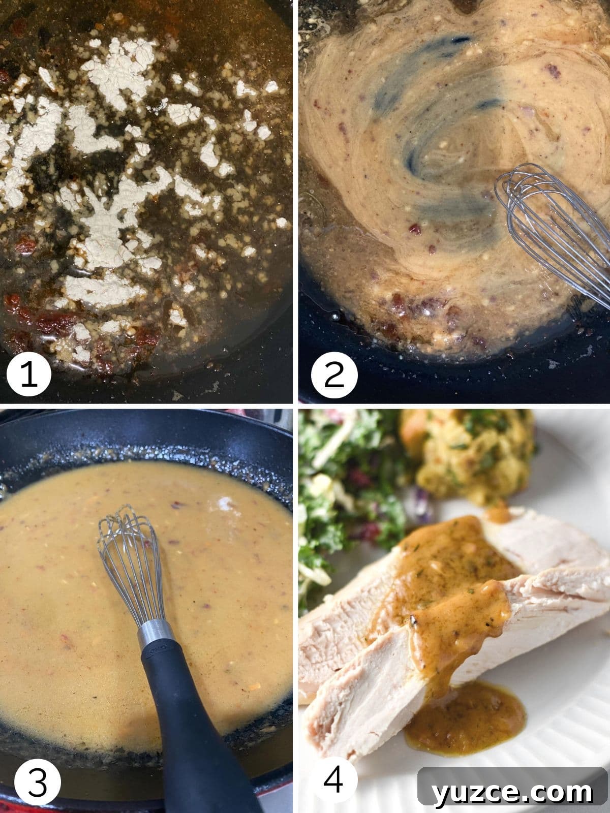 Perfectly Roasted Whole Chicken in a Cast Iron Skillet 9 Steps for making homemade gravy from the pan.