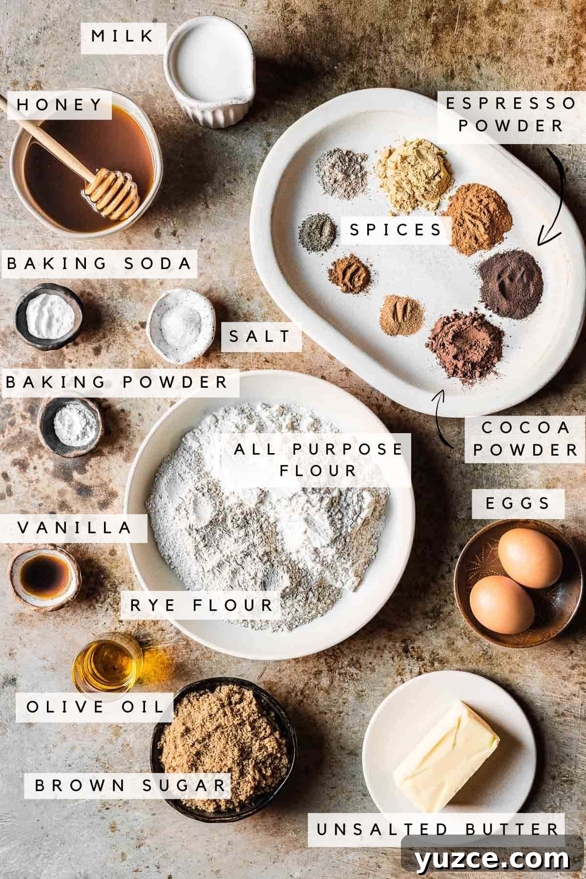 Traditional Polish Piernik Gingerbread Cake Recipe 3 Labeled photograph of ingredients for piernik cake.