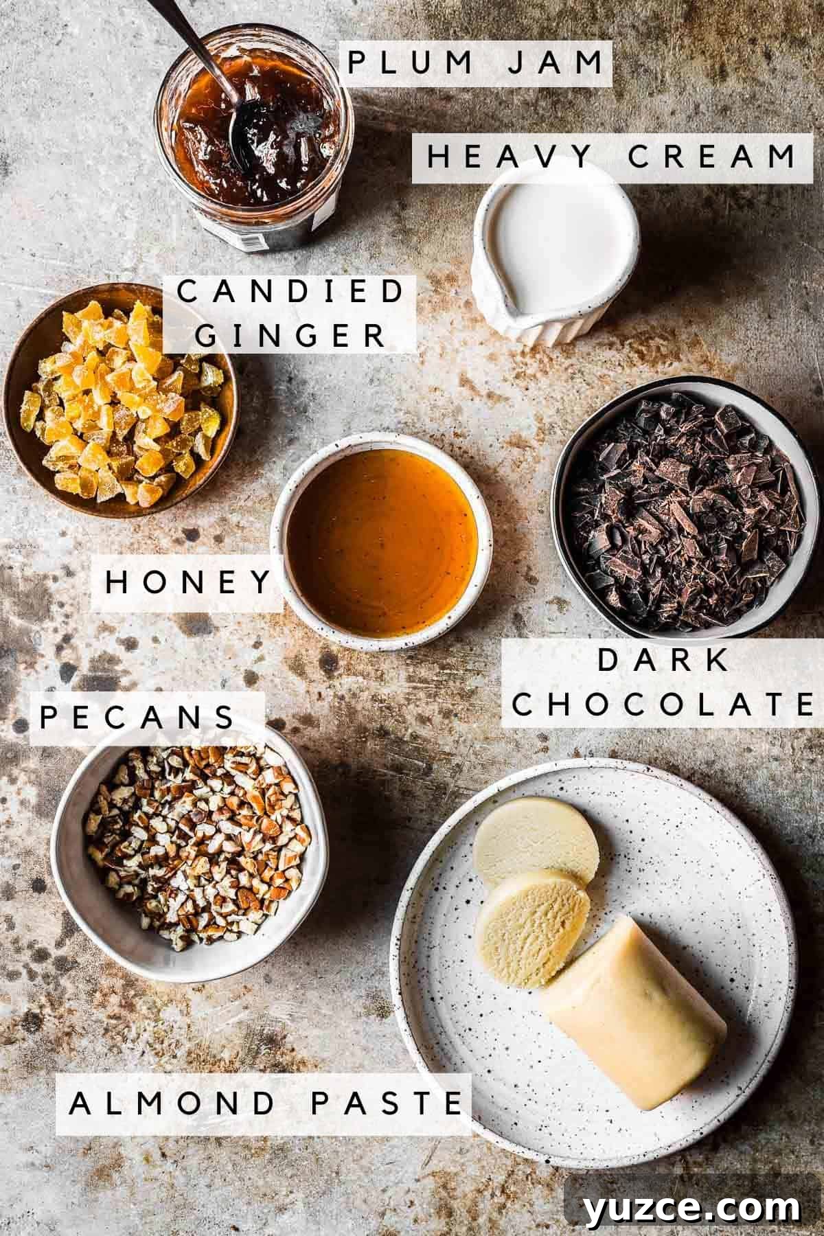 Traditional Polish Piernik Gingerbread Cake Recipe 4 Ingredients in containers for piernik fillings, glaze and toppings.