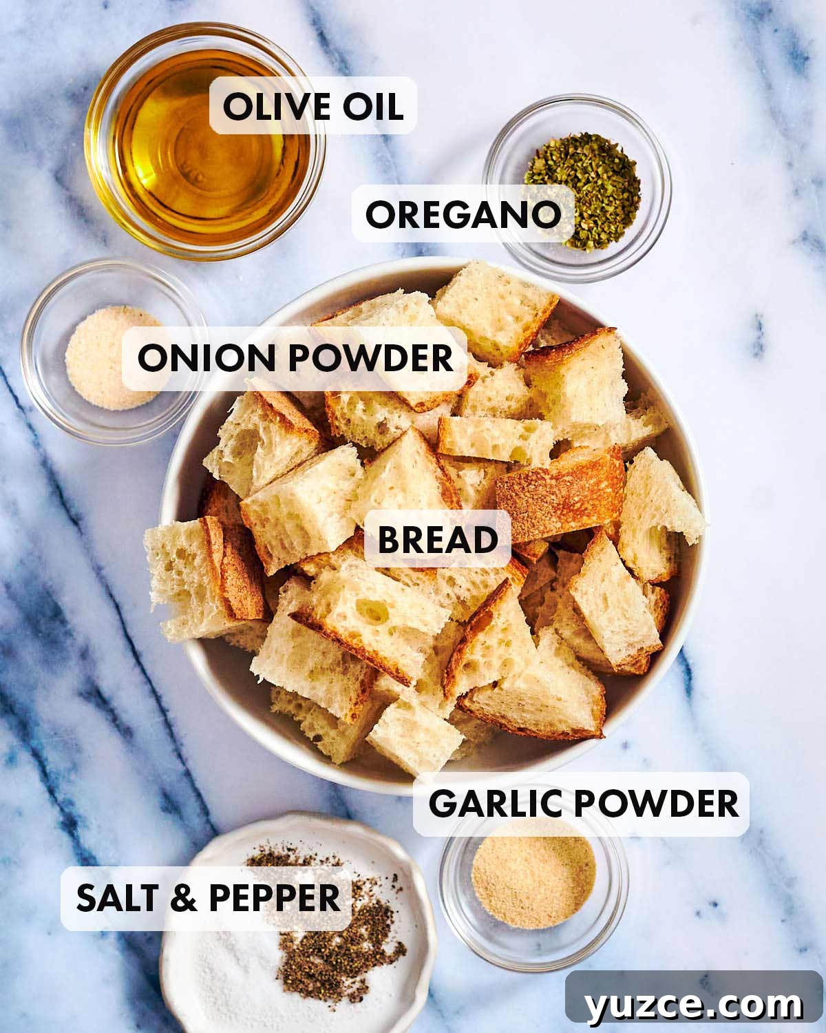 Crispy Air Fryer Crouton Recipe for Salad and Soup 4 Ingredients to make homemade croutons, including bread, garlic and onion powder.