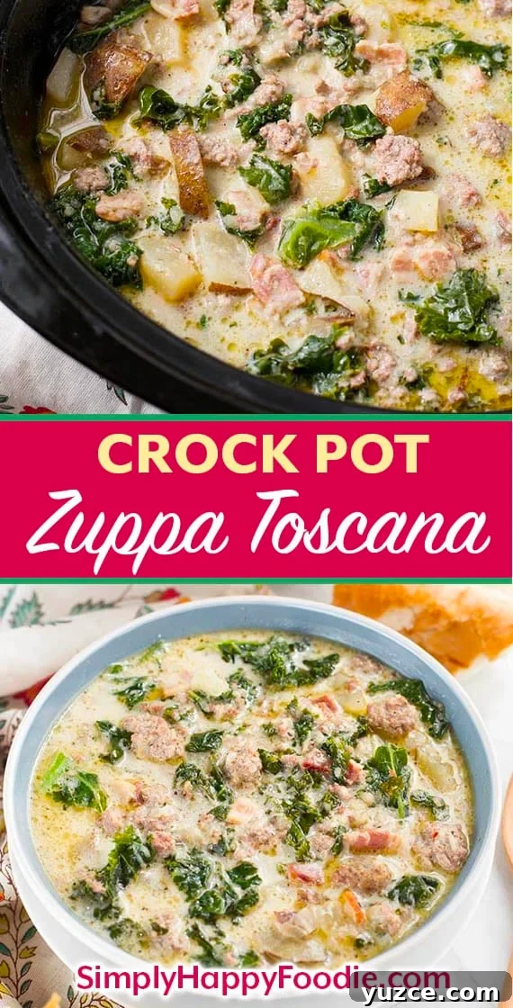 Crock Pot Zuppa Toscana: Italian Sausage and Potato Soup 6 Crock Pot Zuppa Toscana Sausage Potato Soup is rich and very flavorful. With sausage, potatoes, bacon, & kale. A tasty, easy slow cooker zuppa Toscana soup.