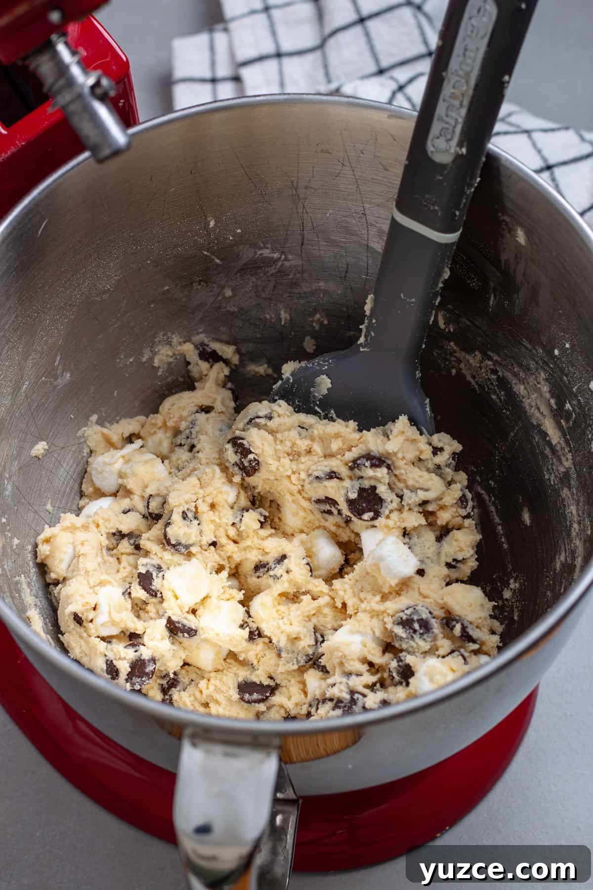Chewy Chocolate Chip Cookies with Gooey Marshmallow Centers 9 Chocolate chips and mini marshmallows added to cookie dough in a stand mixer.