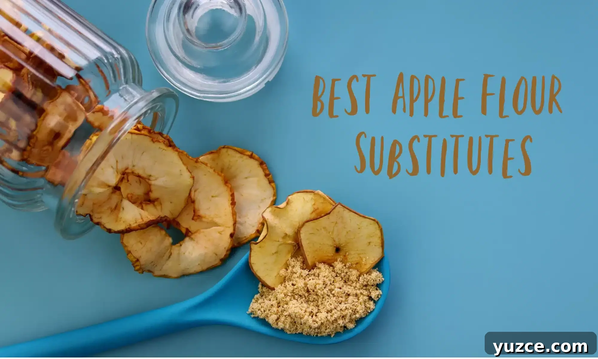 5 Apple Flour Alternatives for Baking and Cooking 2 A glass jar with dried apple slices next to a plastic spoon holding apple flour and more dried apples, blue background top view. Text on the right reads apple flour substitutes.