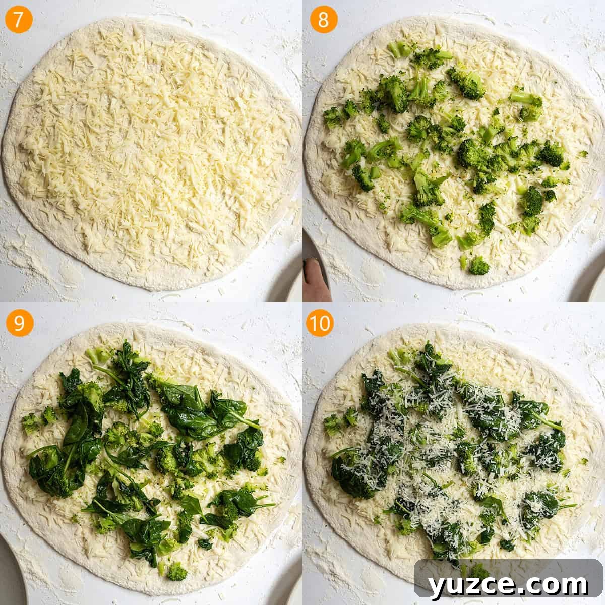 Vegetable Stromboli Recipe: Flavorful Homemade Stromboli Guide 7 Spreading out cheese, broccoli, and spinach on the dough.