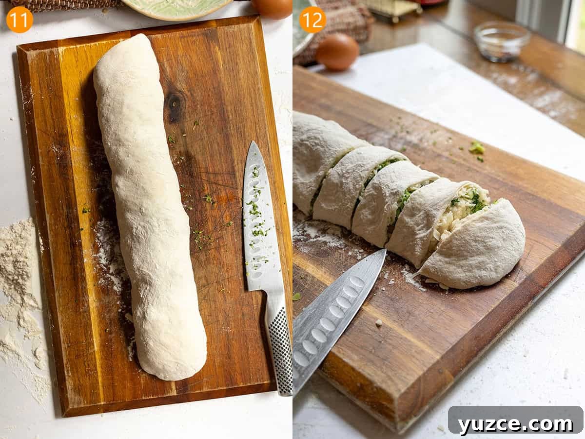 Vegetable Stromboli Recipe: Flavorful Homemade Stromboli Guide 8 Rolling the stromboli and cutting it into pinwheels on a cutting board.