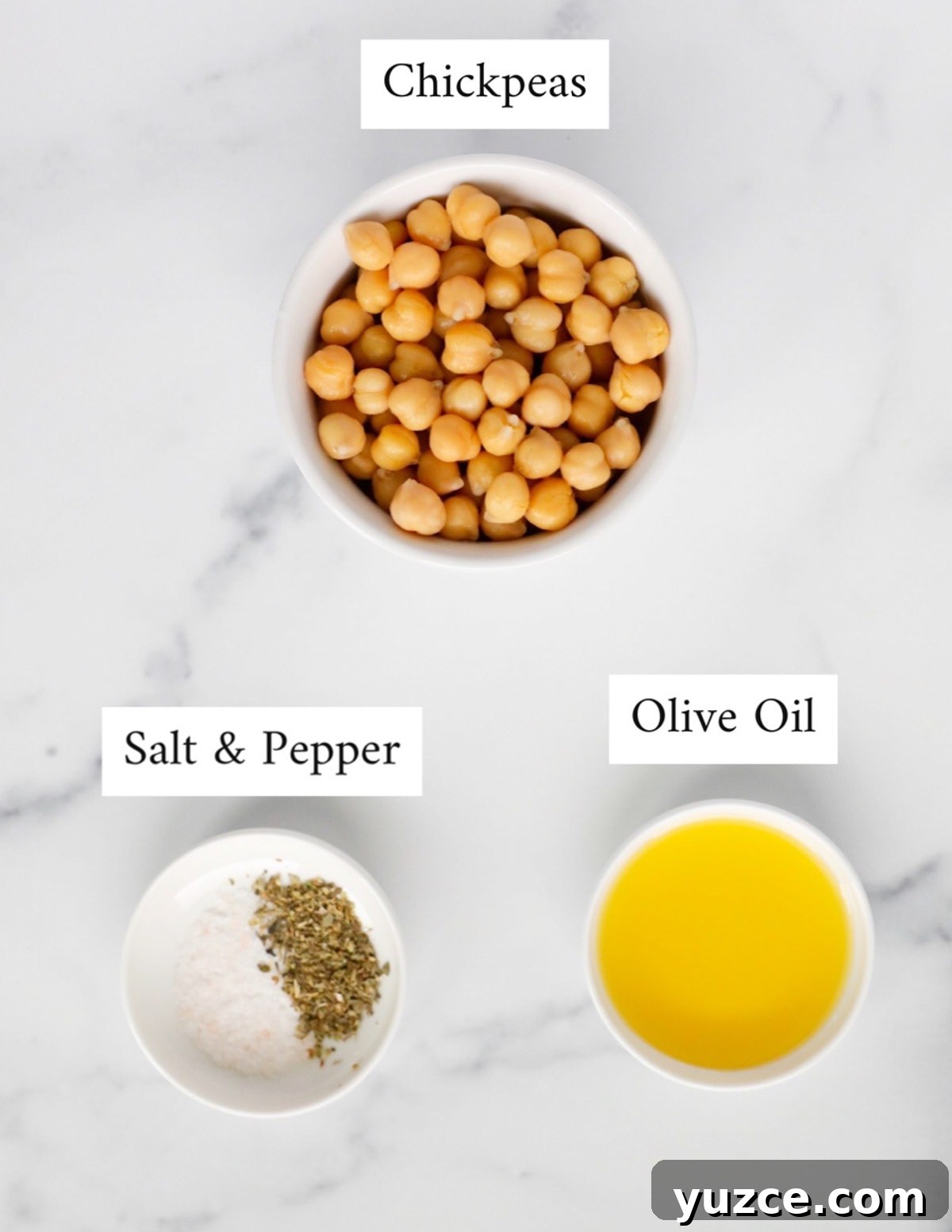 Labeled ingredients including: chickpeas, salt and pepper, olive oil