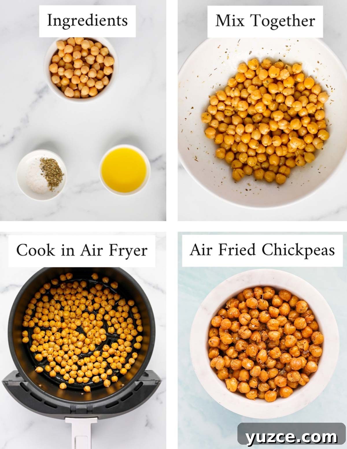 a collage of 4 pictures including "ingredients", "mix together", "cook in air fryer", "air fried chickpeas"