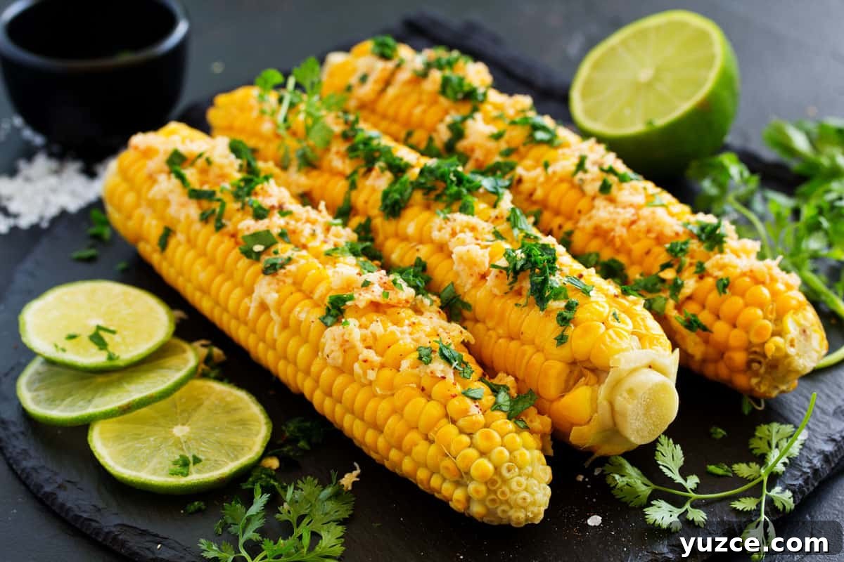 Smoky Butter-Grilled Corn on the Cob: Juicy Summer Side Recipe 9 corn with cheese, cilantro and limes on black board