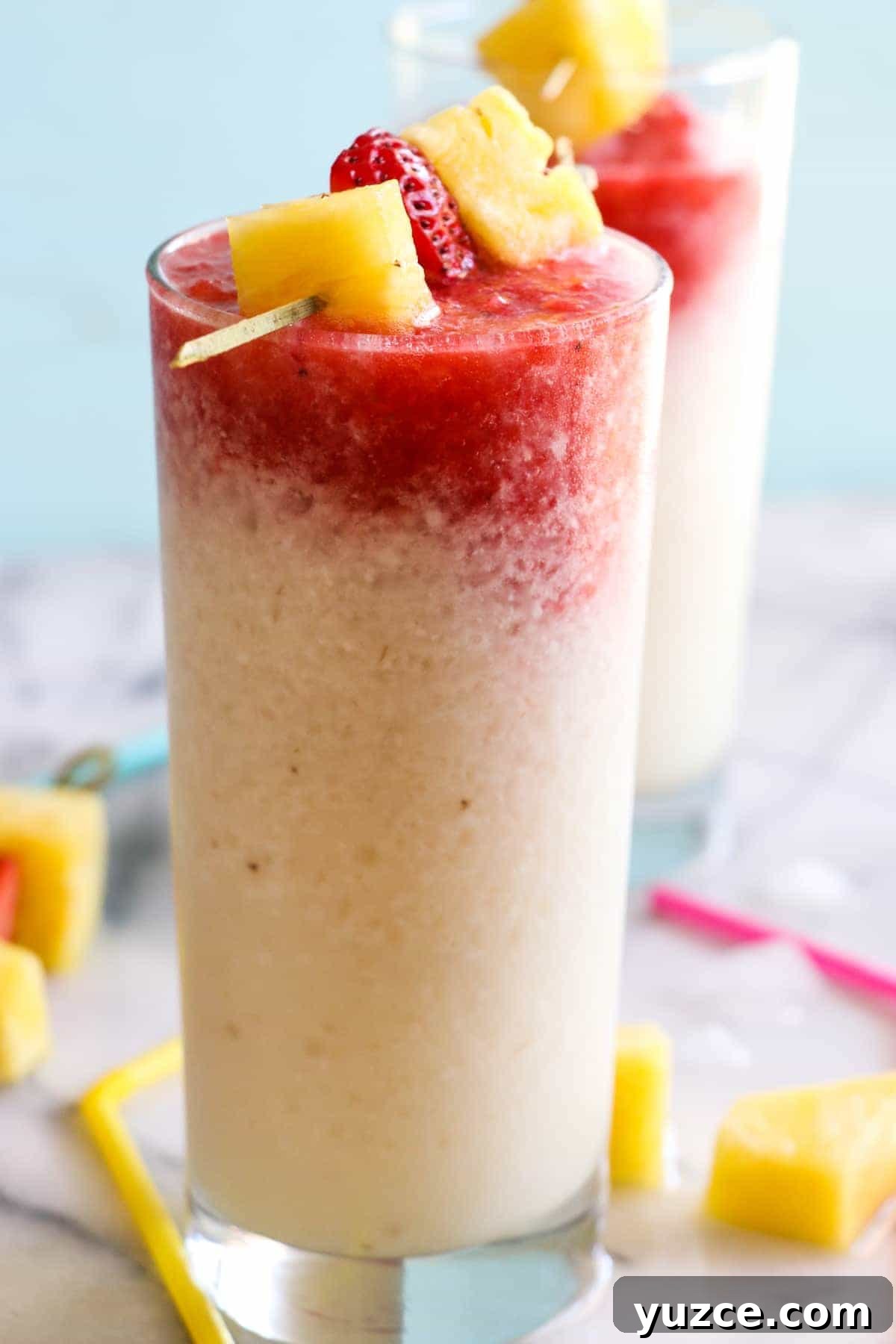 Spicy Mango Lava Flow Cocktail Recipe 5 Served Lava Flow Slush garnish with pineapple and strawberry