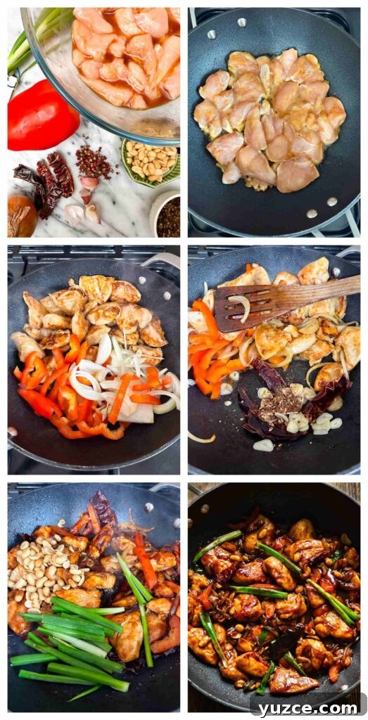 Sichuan Szechuan Chicken: Spicy Stir-Fry Recipe with Garlic Chili Oil 5 Process shots of chicken being marinated and veg being cut before it is stir fried together in a large wok
