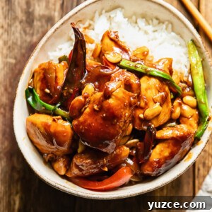 Sichuan Szechuan Chicken: Spicy Stir-Fry Recipe with Garlic Chili Oil 6 Top down shot of szechuan chicken with green onions and peppers on a bed of rice in a small bowl