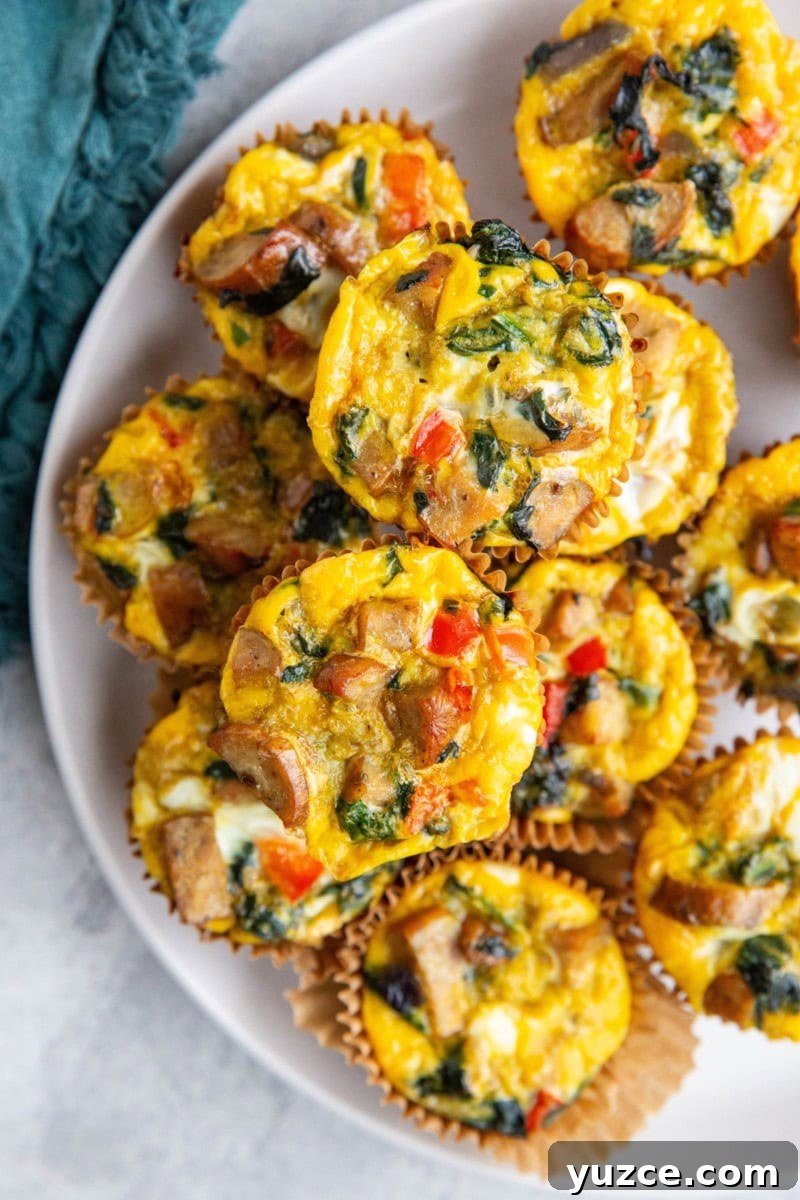 Savory Sausage and Egg Muffins for Meal Prep 2 Sausage egg muffins on a white plate, ready to serve.