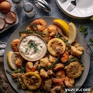 Crispy Fritto Misto with Lemon-Dill Tartar Sauce 6 A plate of fritto misto: assorted fried seafood and vegetables with lemon wedges, accompanied by a bowl of creamy dipping sauce, surrounded by utensils, eggs, and condiments on a table.