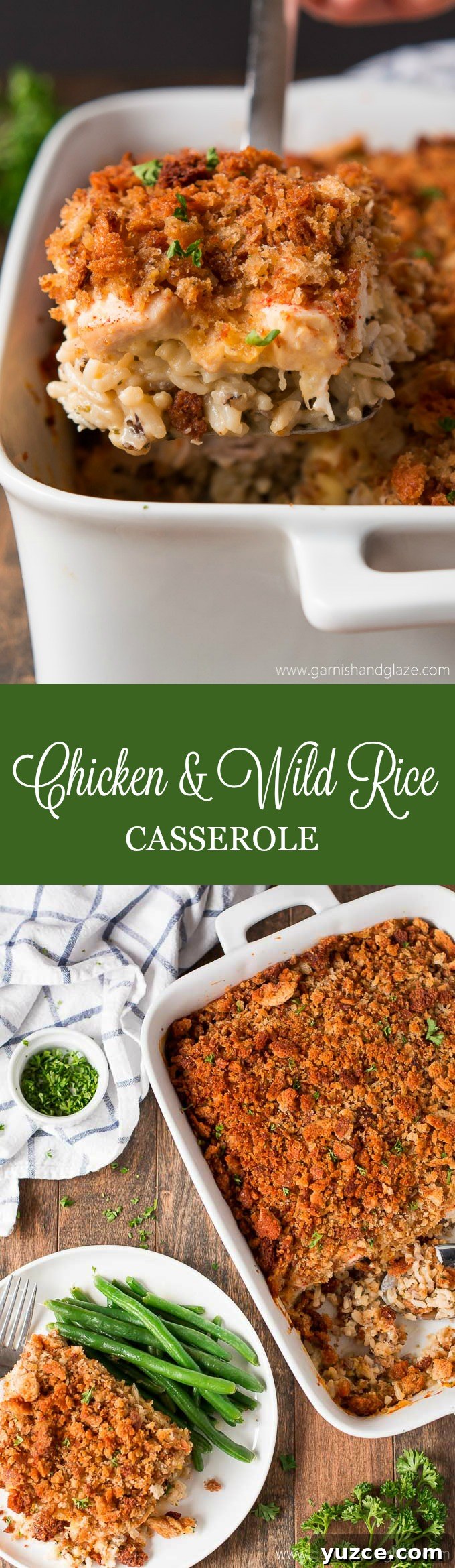Chicken & Wild Rice Casserole is the ultimate comfort food layered with flavorful rice, chicken, a cheesy sauce, and crispy stuffing.