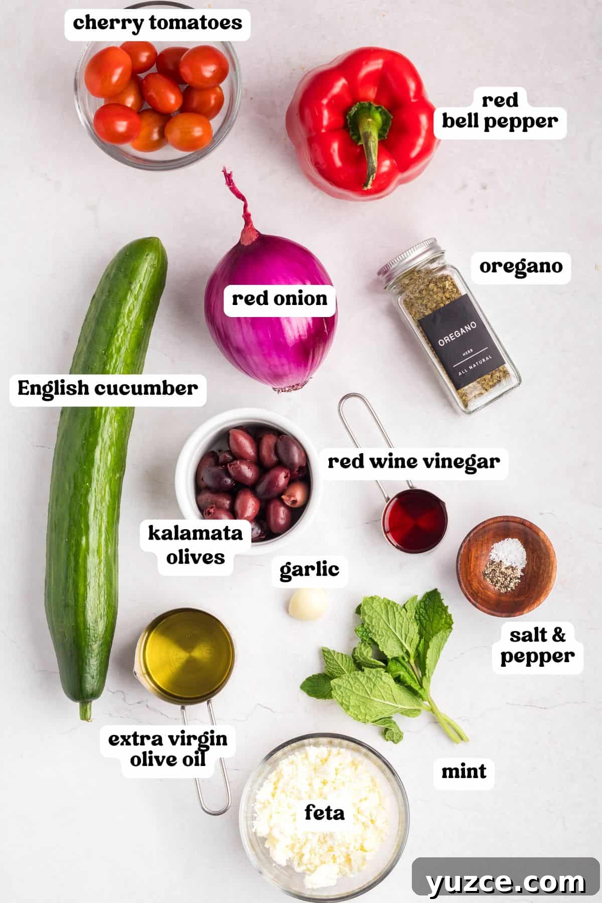 Greek salad ingredients labeled with text, including cherry tomatoes, red bell pepper, red onion, cucumber, kalamata olives, garlic, oregano, red wine vinegar, olive oil, feta, mint, and salt & pepper.
