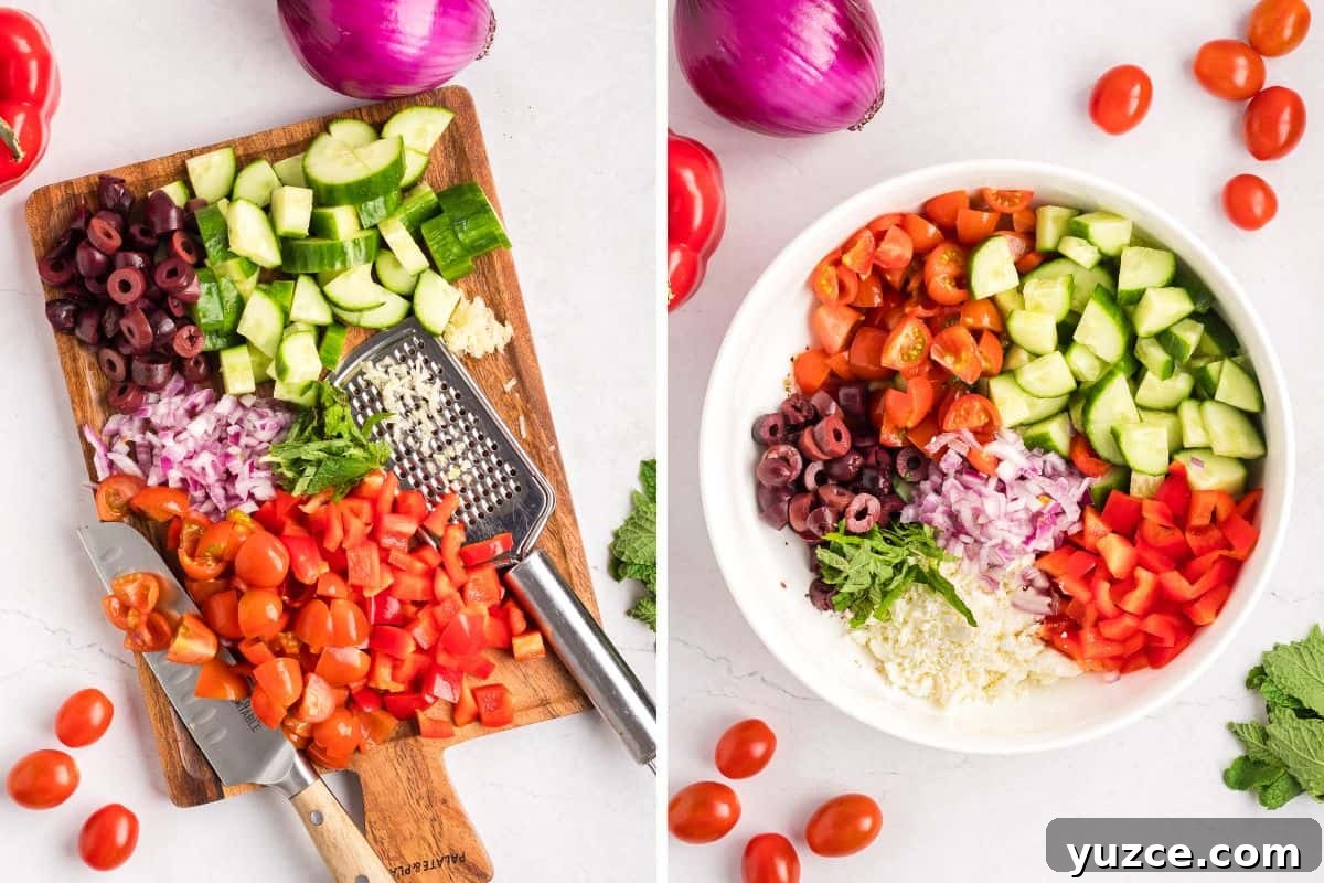 A two-panel image showing chopped Greek salad ingredients on a cutting board and then mixed in a bowl.
