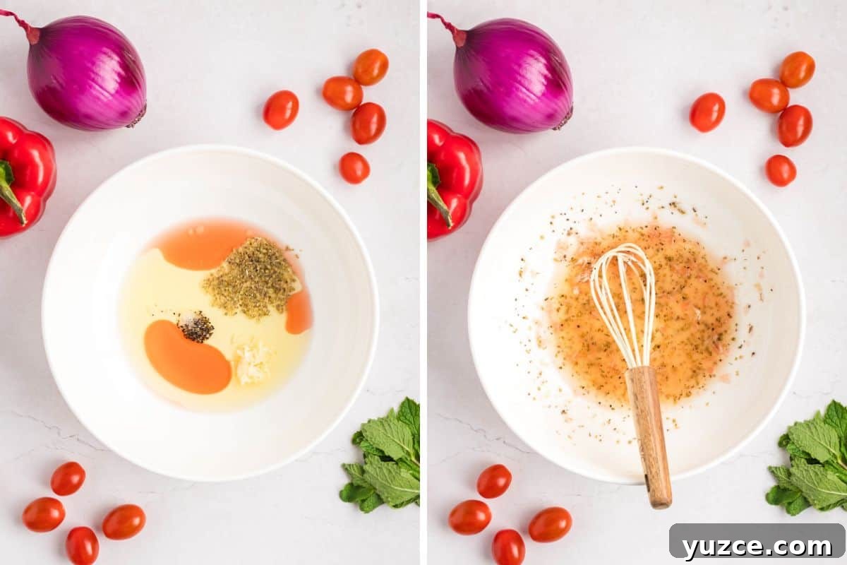 A two-panel image showing Greek salad dressing ingredients before and after whisking.