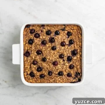Vegan Baked Oatmeal Recipe with Fruit and Nuts 17 Vegan baked oatmeal baked in a baking dish.