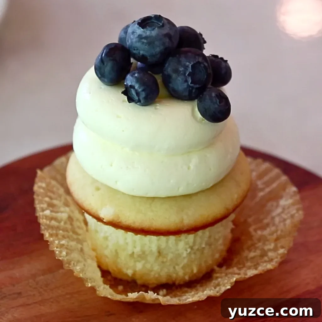 Luscious Lemon Buttercream Frosting Recipe for Cakes and Cupcakes 14 a lemon cupcake with lemon frosting and blueberries on top