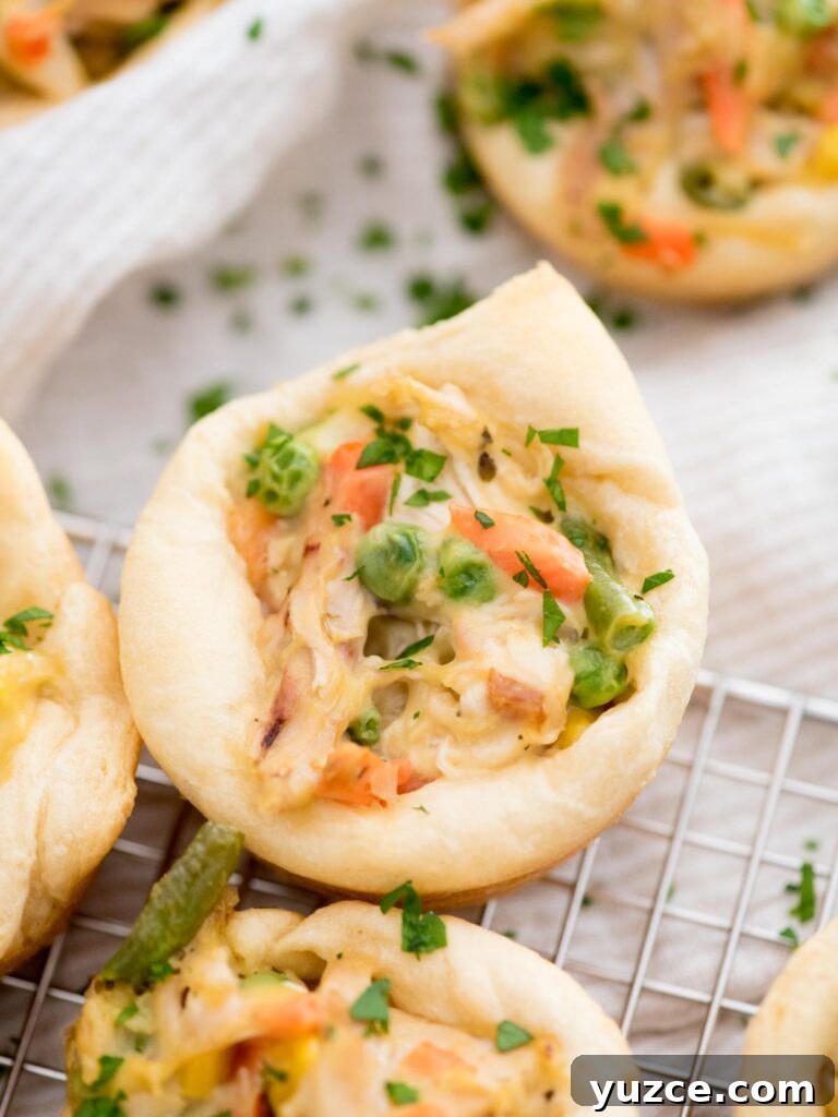 Mini Chicken Pot Pies Baked in Crescent Rolls 10 chicken pot pie bite on a cooling rack