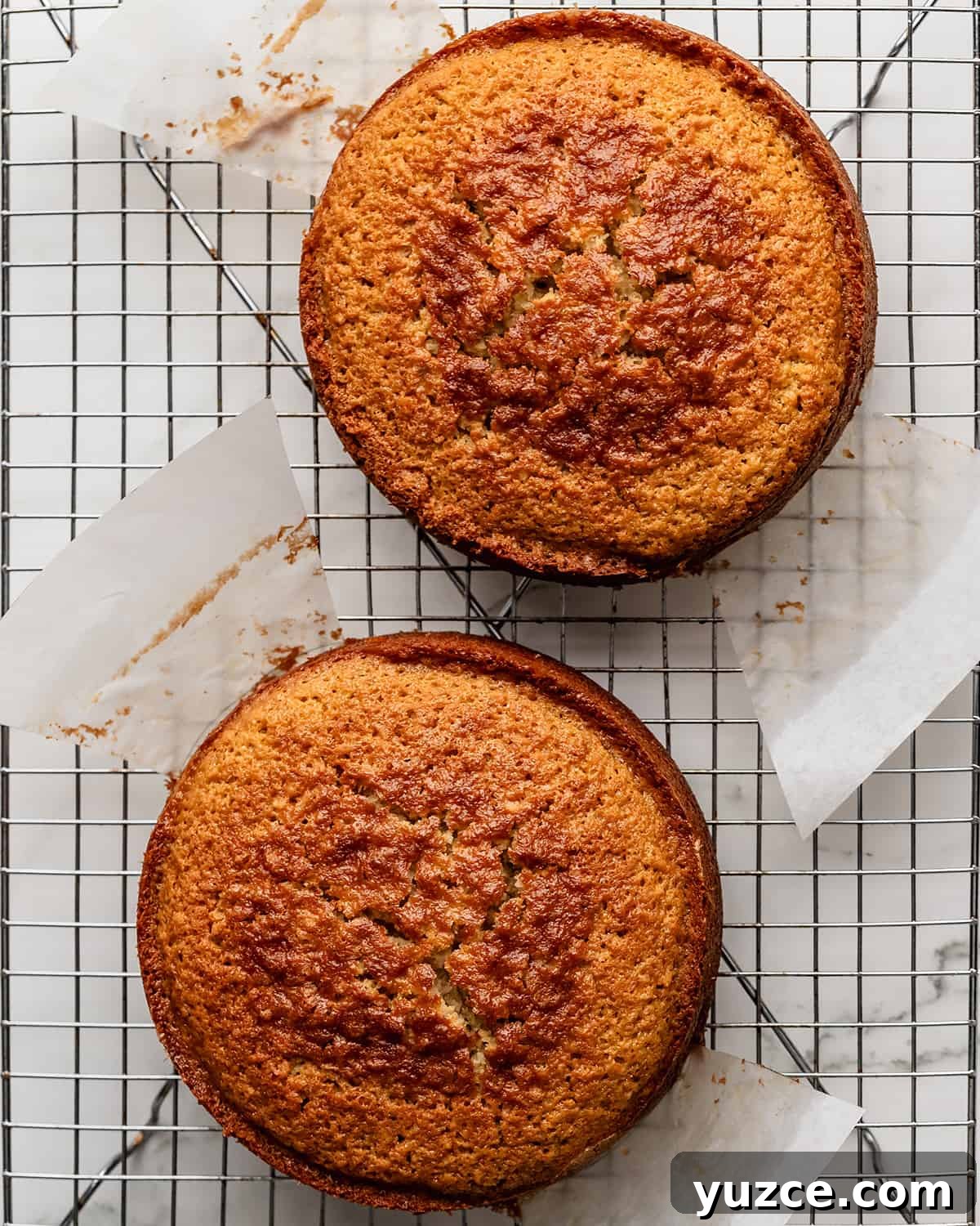 Moist Coconut Layer Cake Recipe 13 how to make coconut cake- two cake rounds on a wire cooling rack after being removed from the pans