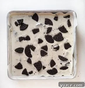 oreo cheesecake bars batter ready for the oven