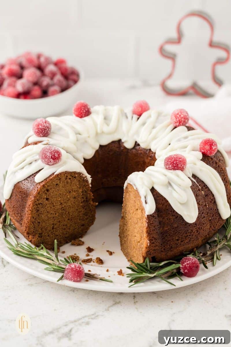 bundt gingerbread cake on a white plate.