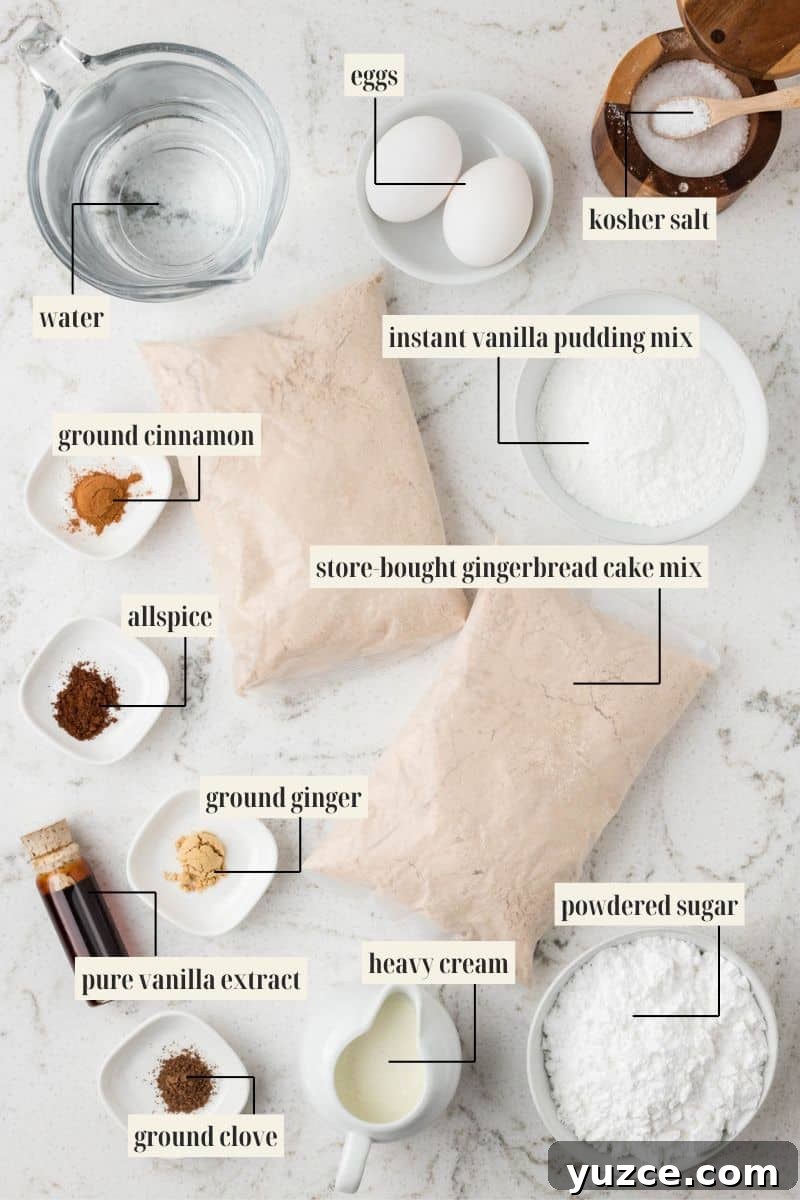 Labeled ingredients for bundt cake recipe.