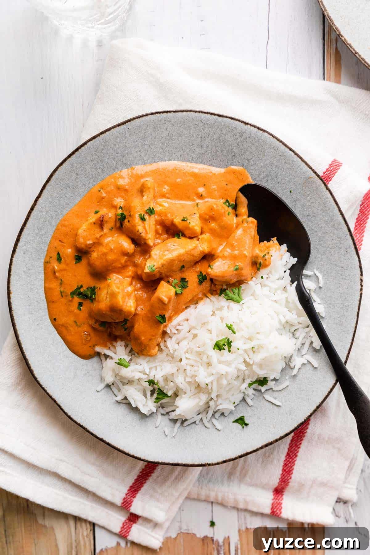 a plate of chicken stroganoff with a spoon