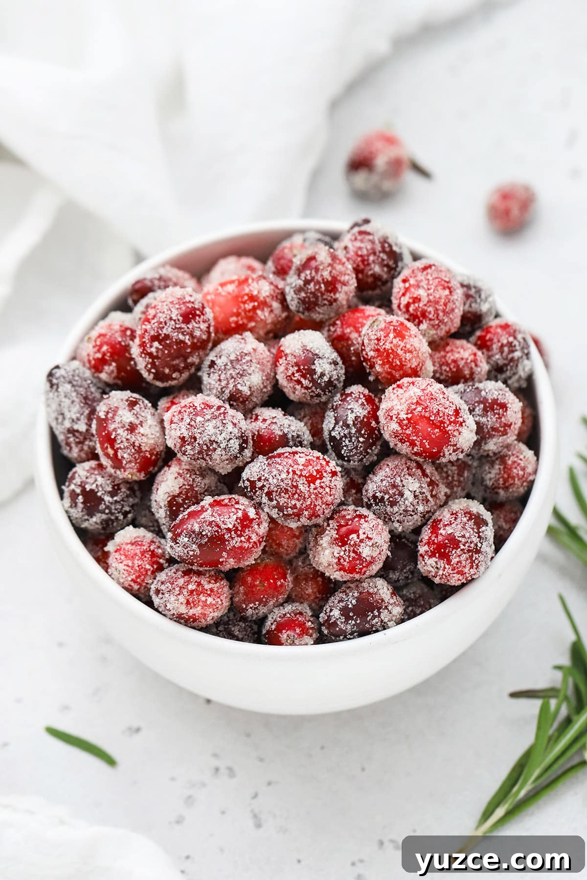Sugared Cranberries Recipe: Simple Steps for Sparkling Cranberry Garnish 13 Front view of a white bowl of candied cranberries covered with sugar