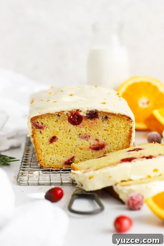 Sugared Cranberries Recipe: Simple Steps for Sparkling Cranberry Garnish 16 Front view of gluten-free orange cranberry loaf cake sliced