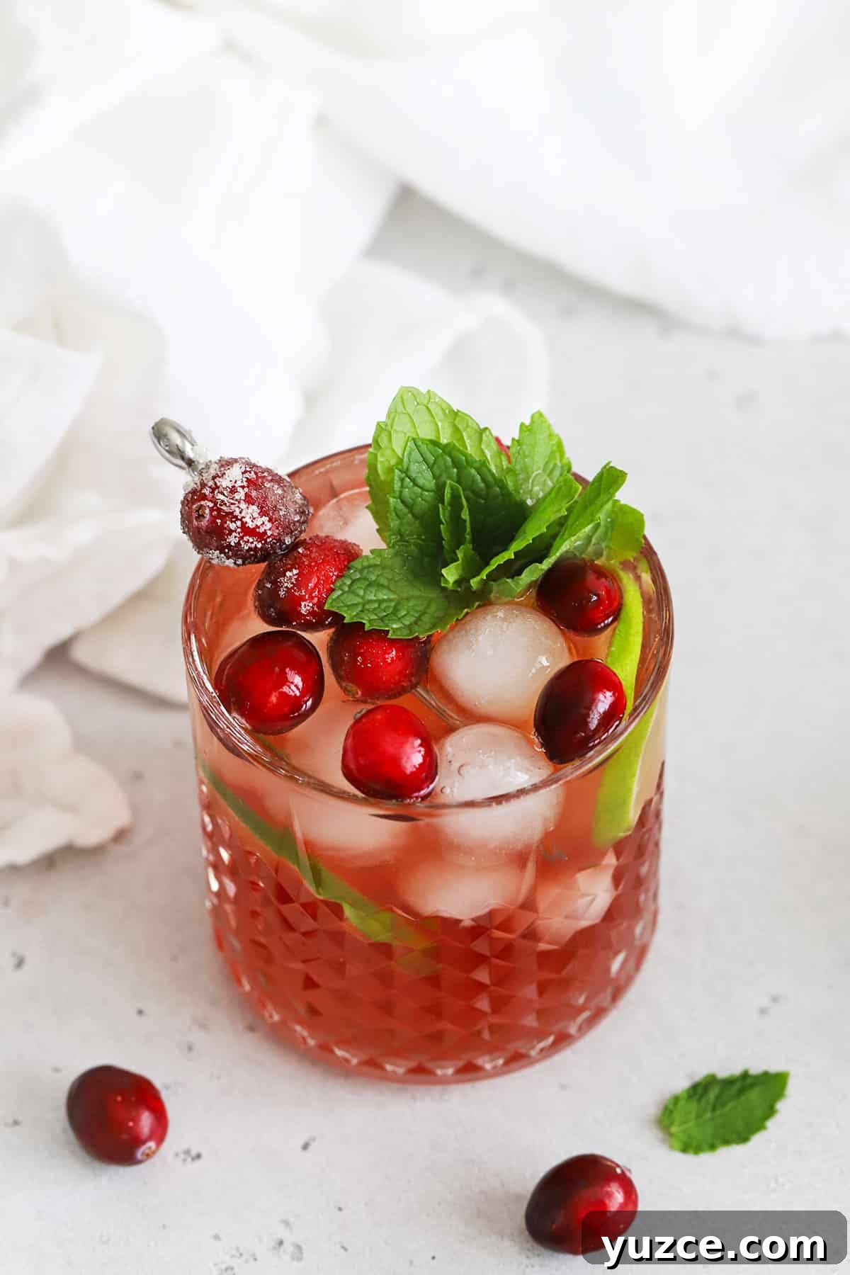 Sugared Cranberries Recipe: Simple Steps for Sparkling Cranberry Garnish 10 Overhead view of a cranberry mocktail in an embossed glass topped with sugared cranberries, lime slices, and a sprig of fresh mint
