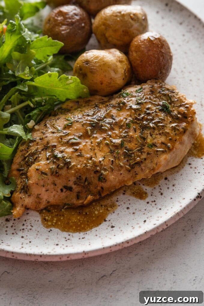 Balsamic Pan-Seared Chicken Breasts with Garlic and Herbs 3 Balsamic skillet chicken breast plated with roast baby potatoes and salad greens.