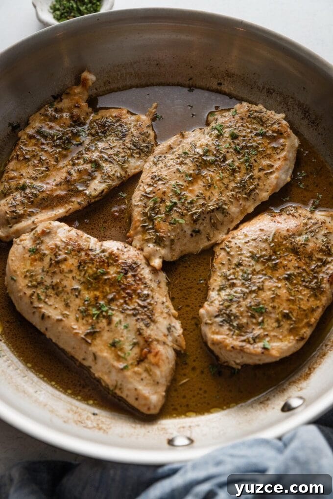 Balsamic Pan-Seared Chicken Breasts with Garlic and Herbs 5 Chicken breasts returned to a skillet with a quick balsamic pan sauce.