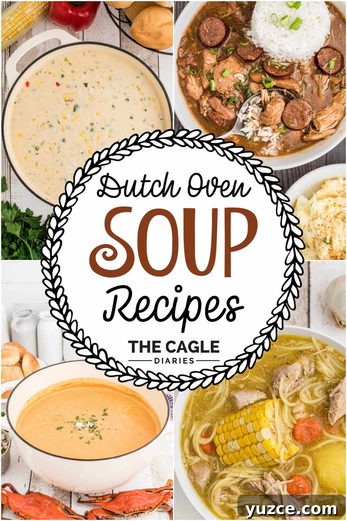 Hearty Dutch Oven Soup Recipes for Cozy Meals 2 A collage of four images showing different Dutch Oven Soup Recipes with text overlay in the middle.