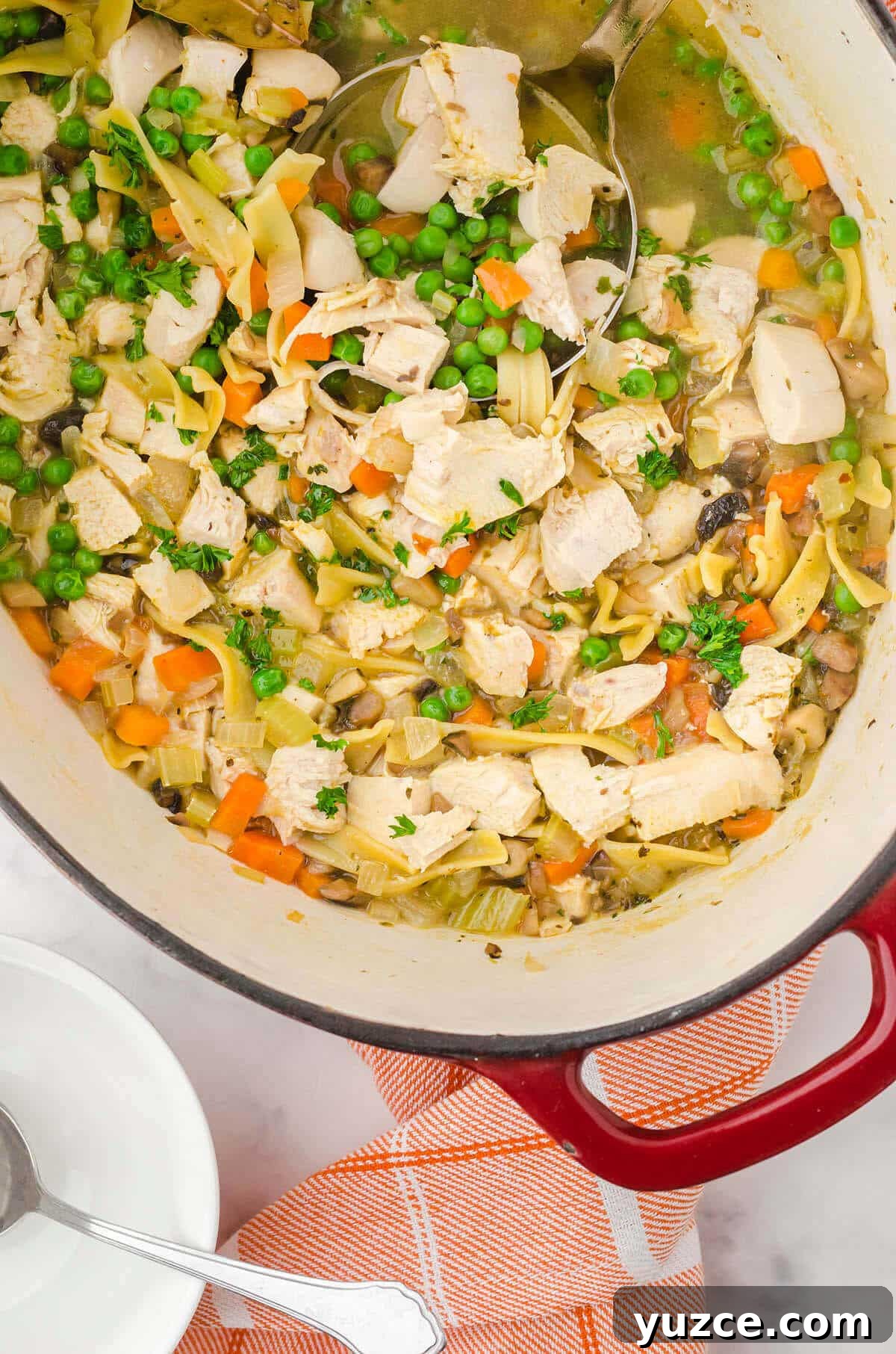 Hearty Dutch Oven Soup Recipes for Cozy Meals 12 A pot full of chicken noodle soup.