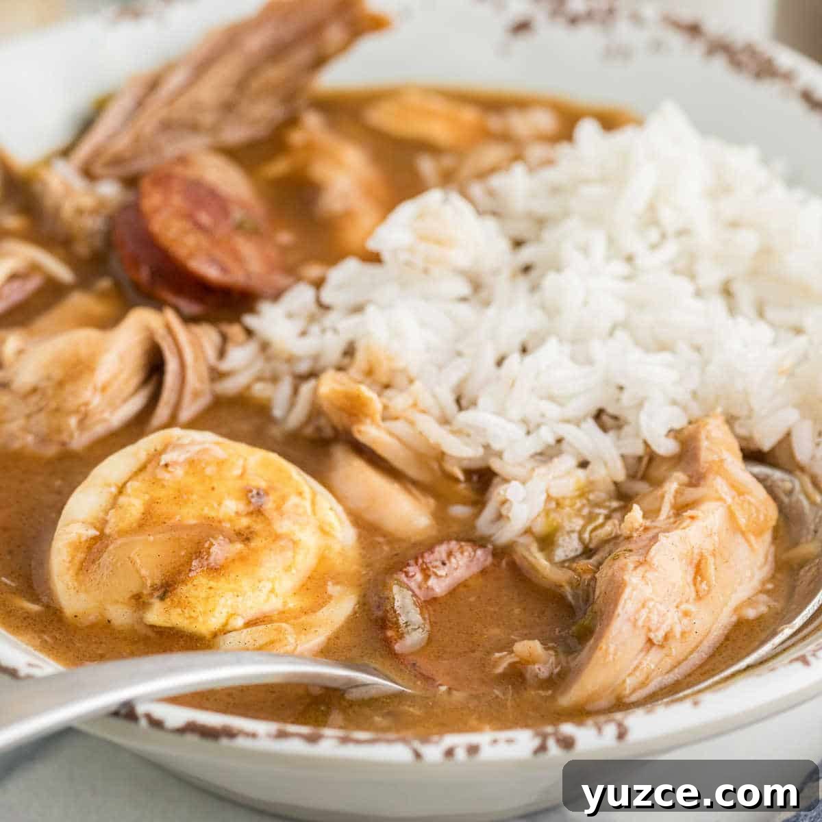 Hearty Dutch Oven Soup Recipes for Cozy Meals 17 Close up of a bowl of leftover turkey with andouille and rice.