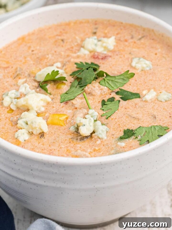 Hearty Dutch Oven Soup Recipes for Cozy Meals 21 Close up of a bowl of slow cooker buffalo chicken chili.