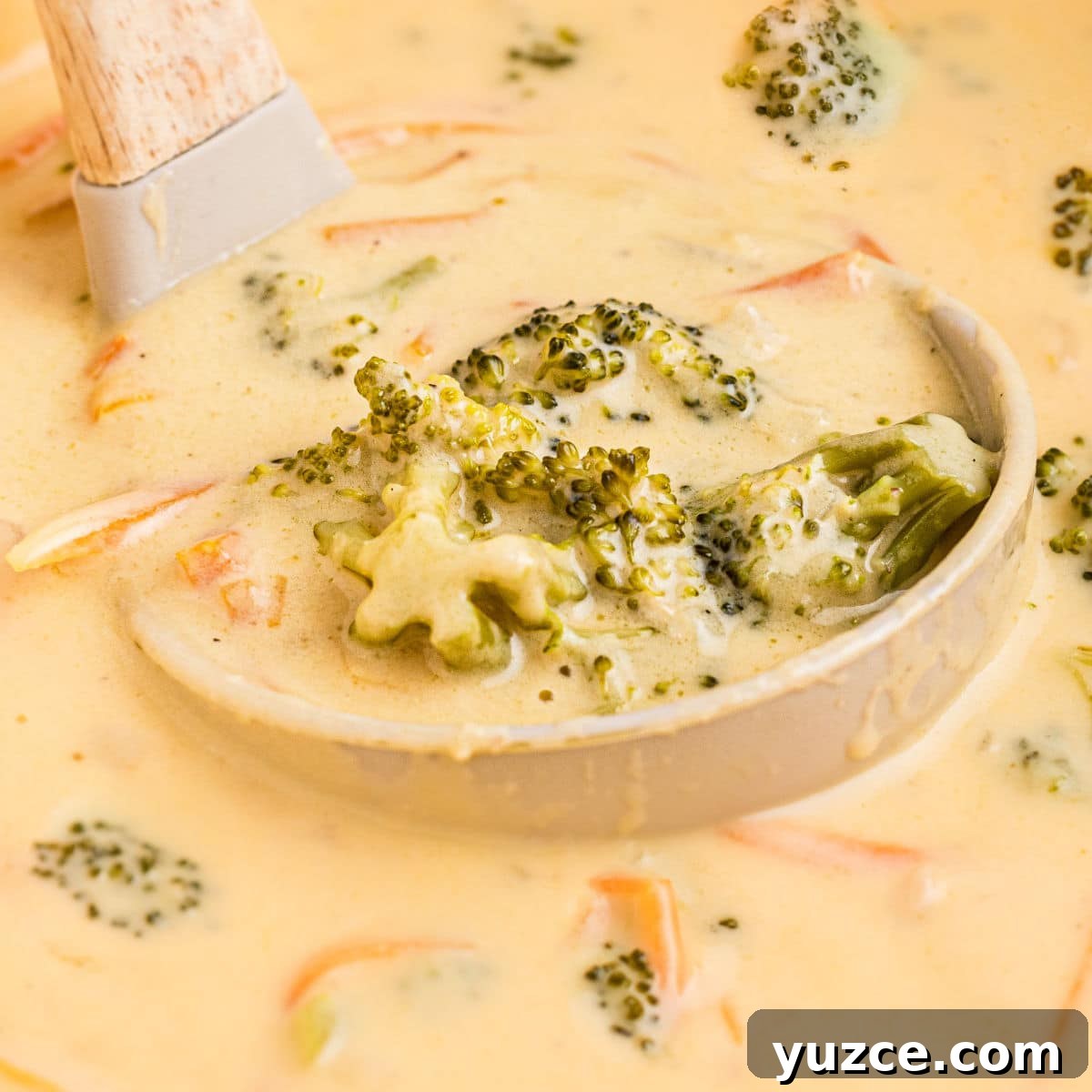 Hearty Dutch Oven Soup Recipes for Cozy Meals 4 Close up of some 30 minute broccoli cheddar soup in a ladle.