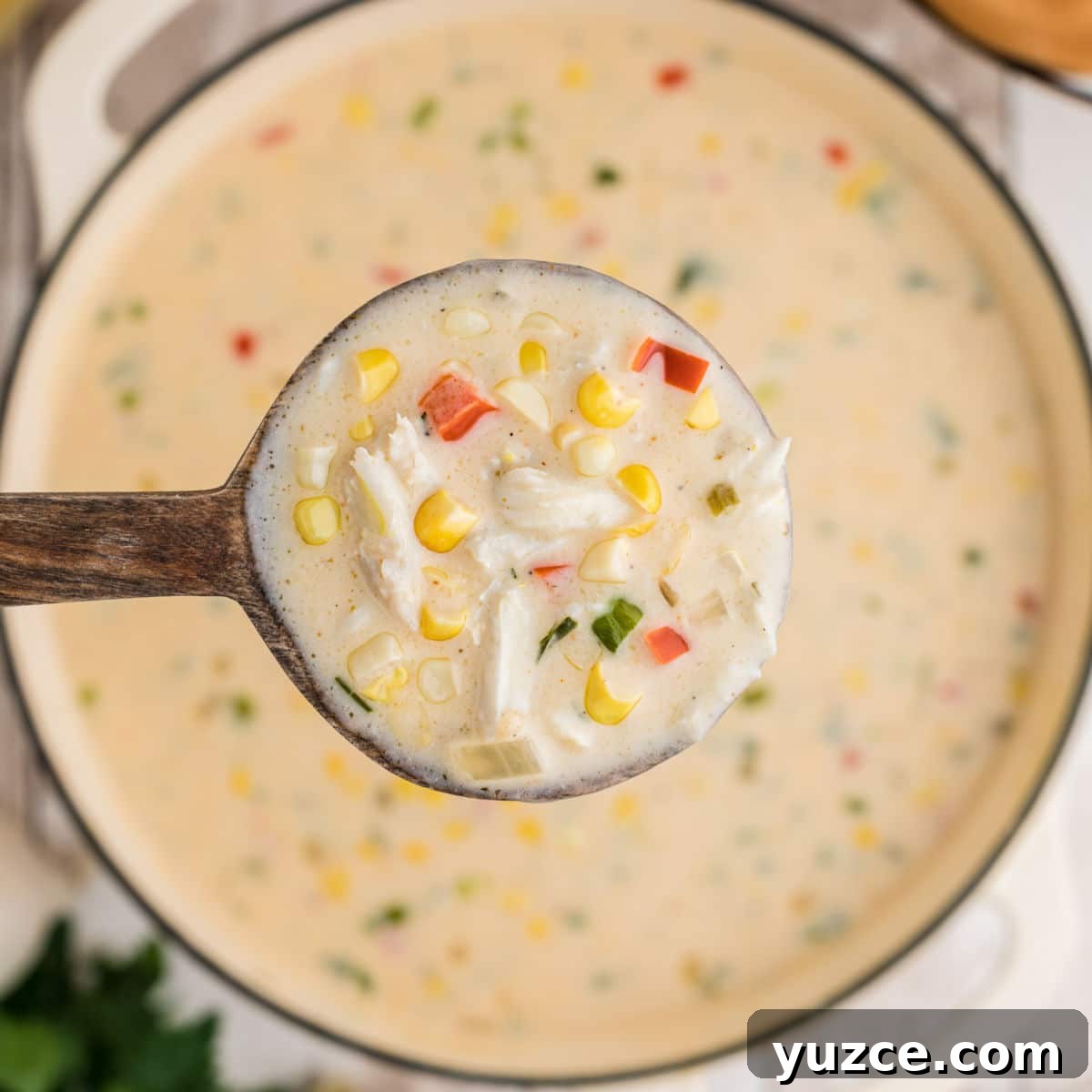 Hearty Dutch Oven Soup Recipes for Cozy Meals 7 Close up of a spoon full of corn and crab bisque above the pot.