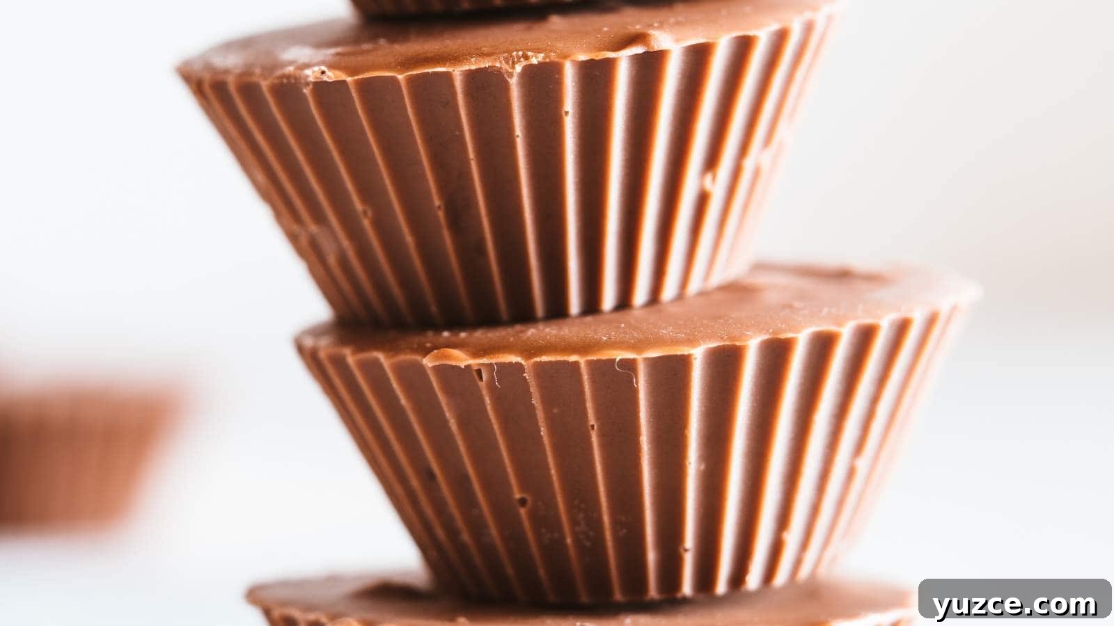 13 Sugar-Free Christmas Sweets That Still Feel Decadent 5 Close up of a stack of peanut butter cups with blurred background.