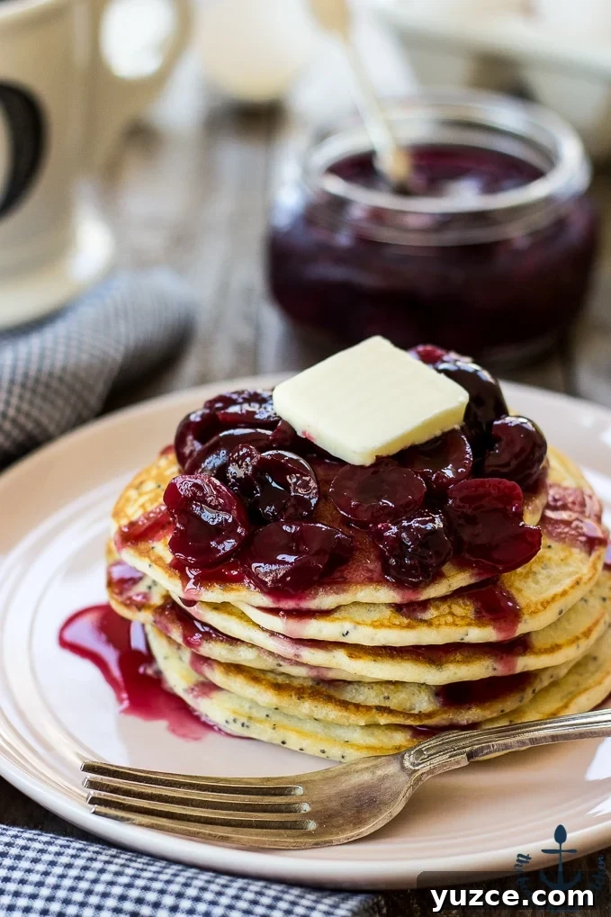 Lemony Poppy Seed Pancakes with Cherry Compote Recipe 5 Lemon Poppyseed Pancakes with Cherry Compote