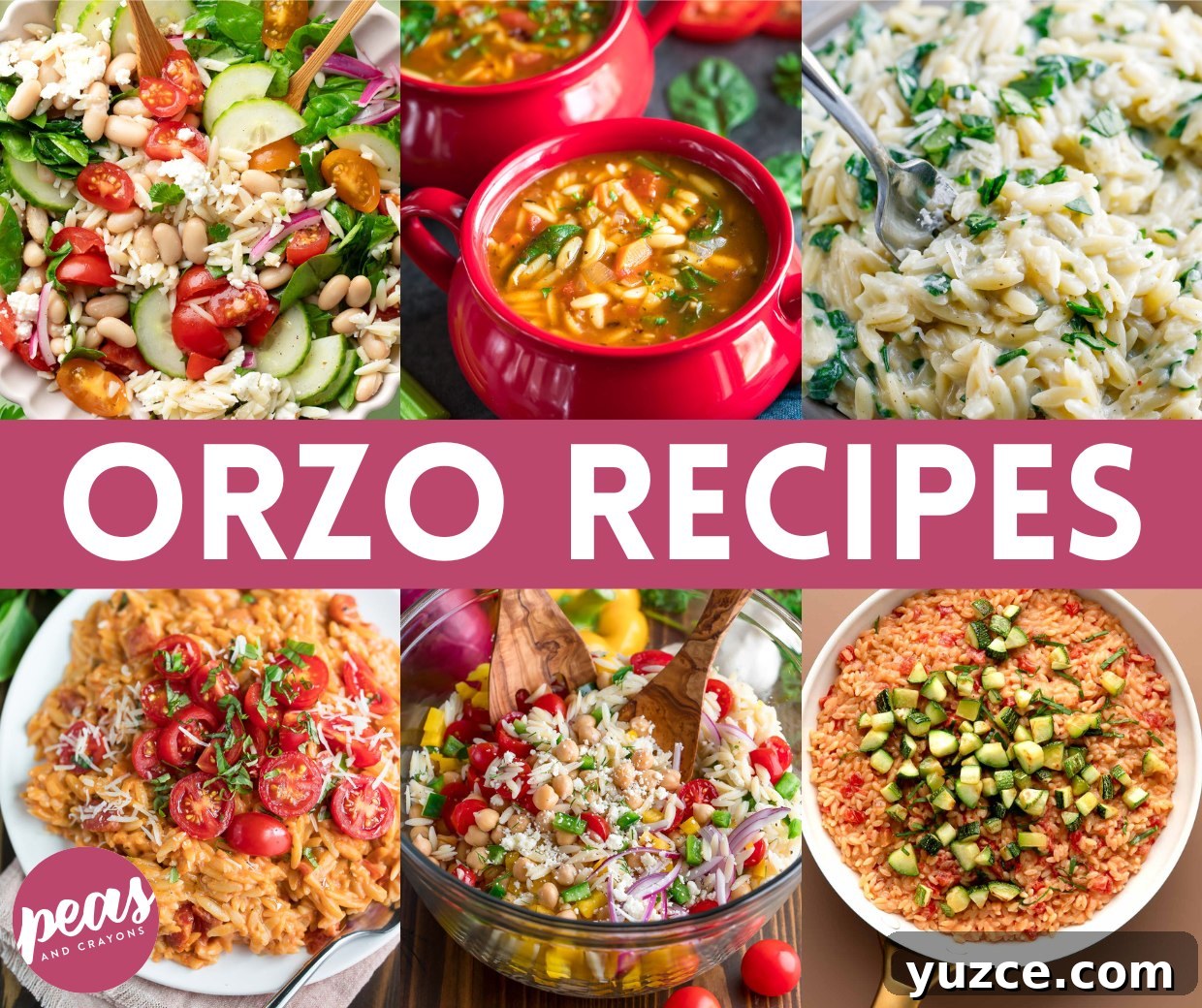 orzo veggie recipes photo collage of orzo soups, salads, and side dishes